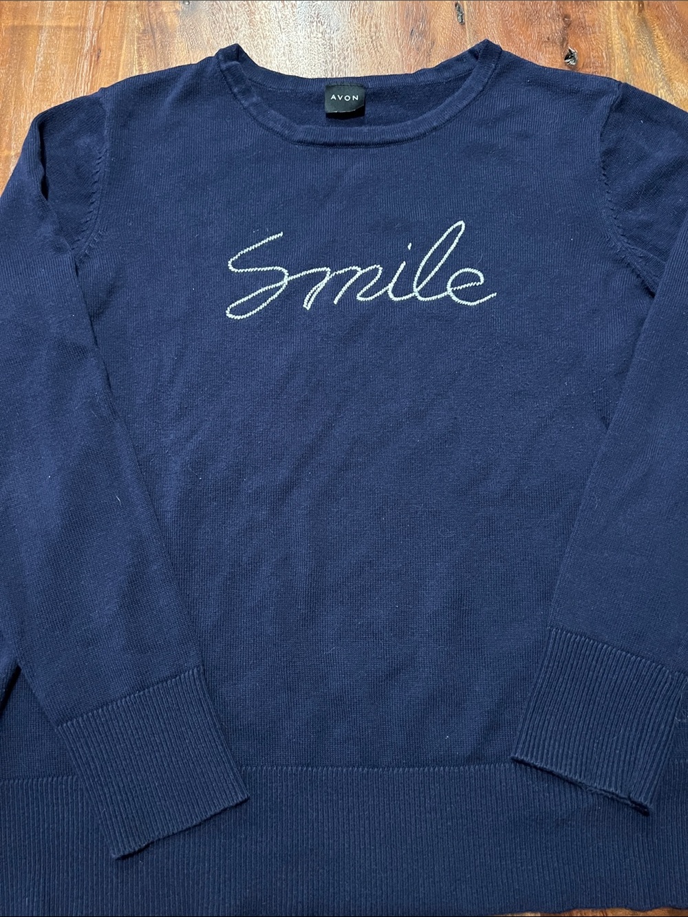 Avon Navy Crewneck Sweater with White Script 'Smile'